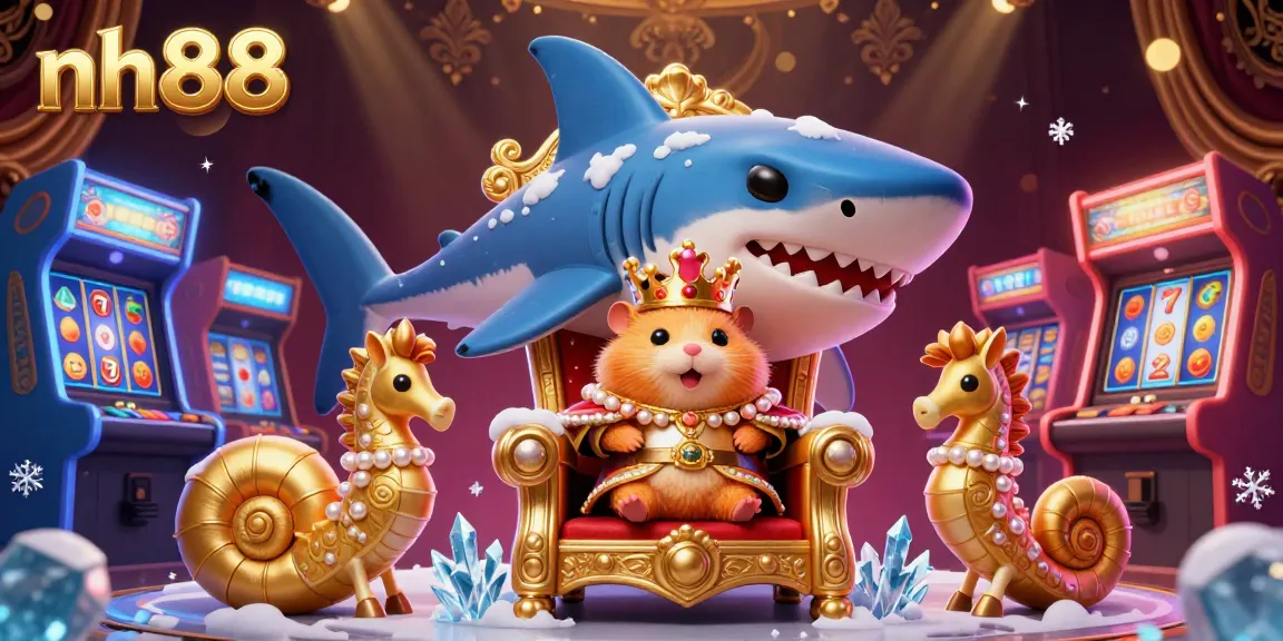 Engage with casino excitement at nh88, featuring a fierce golden hamster king on a shark throne amidst vibrant game elements.