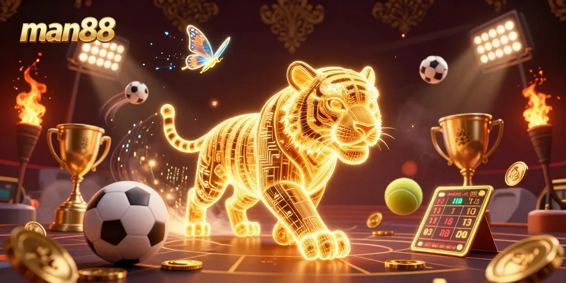 Experience man88 casino action with a vibrant digital scene showcasing lively sports elements and a majestic tiger.