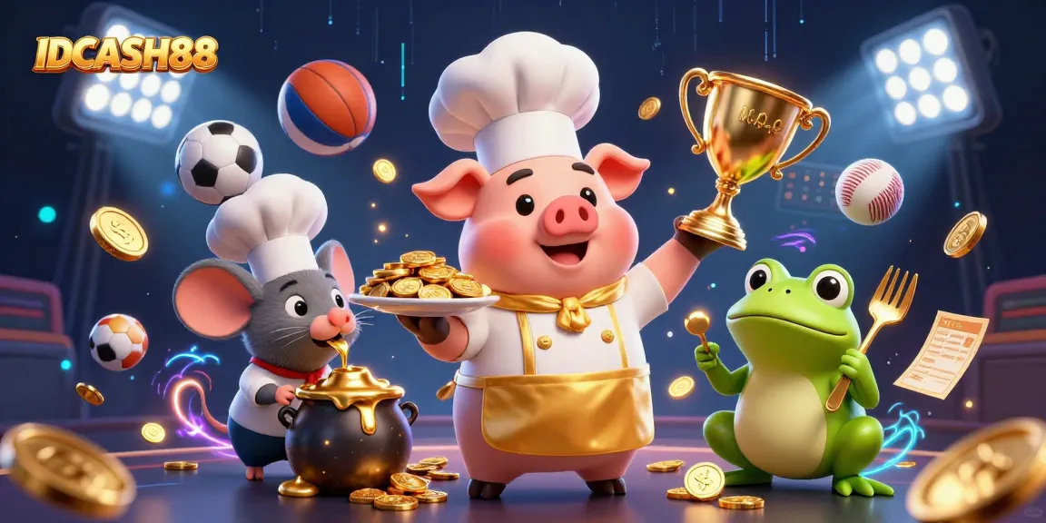 IDCASH88 features a chef pig serving gold coins, set in a vibrant casino atmosphere.