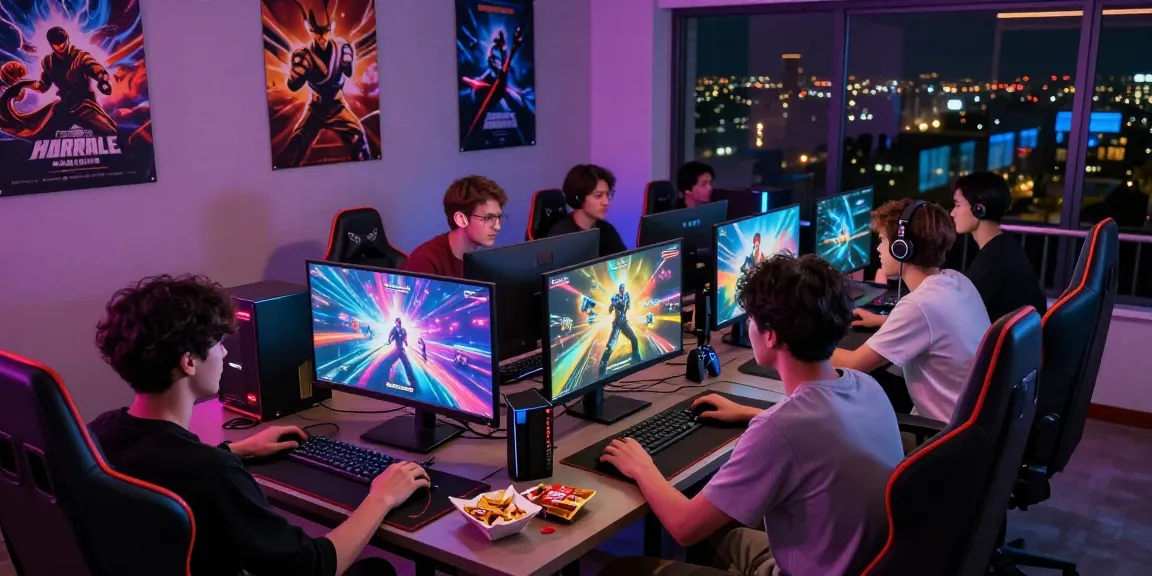 การเล่นเกมร่วมกันในห้องที่เต็มไปด้วยไฟ LED โดยมีเพื่อนๆ ล้อมรอบในบรรยากาศที่น่าตื่นเต้นพร้อมคำว่า playme8 sbo