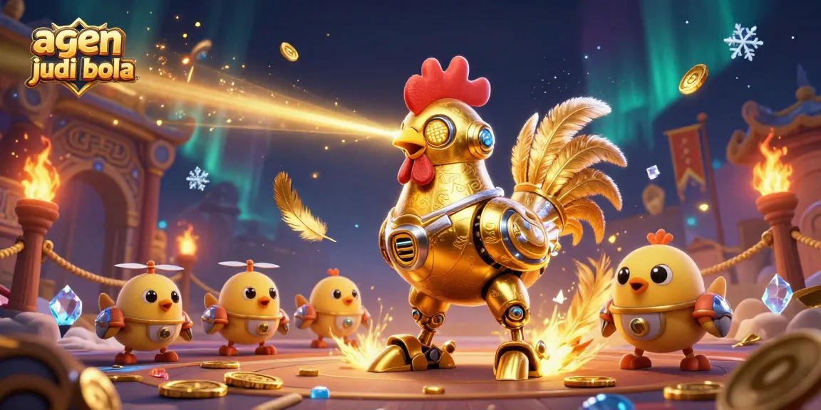 Bet on agen judi bola with a spectacular scene featuring a golden rooster robot and baby chick drones.