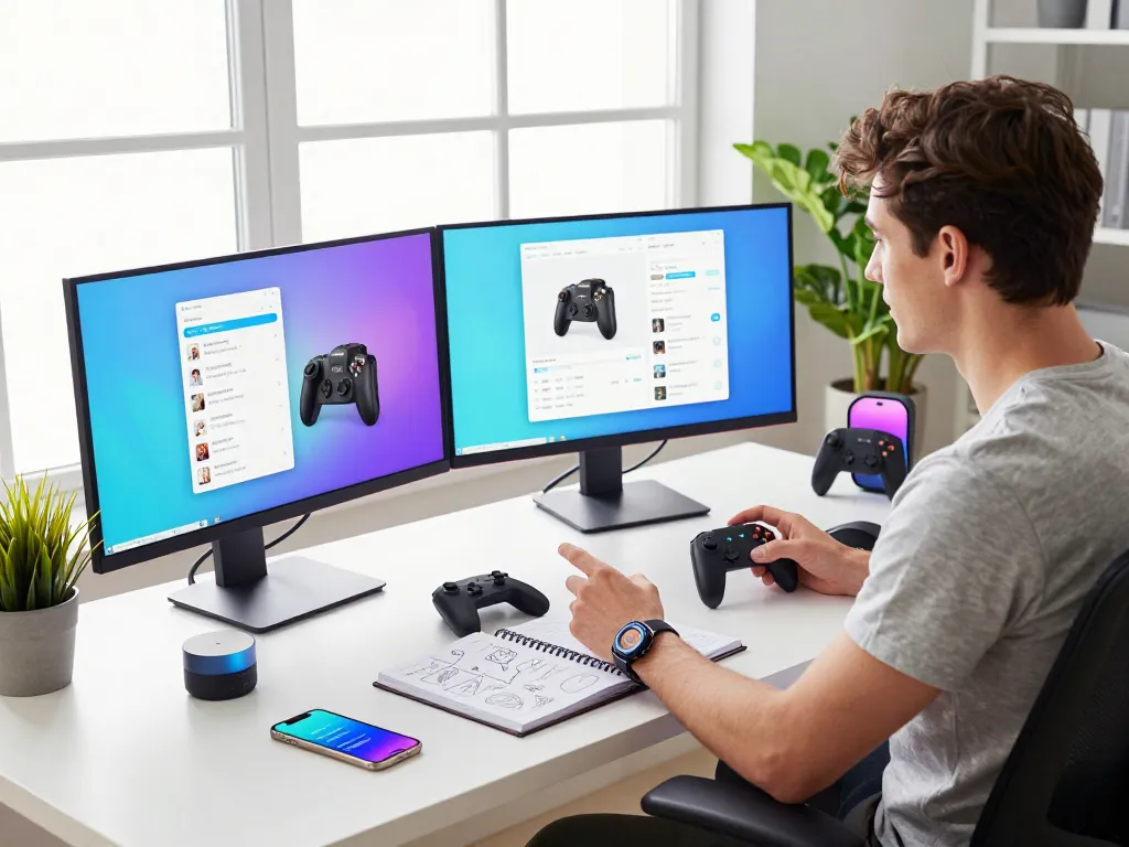 Exploring trending tech gadgets in a vibrant workspace filled with innovation and creativity.