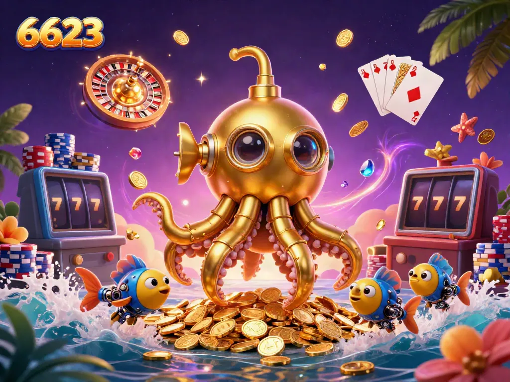 Engage with 6623's vibrant casino scene showcasing golden kraken submarine amidst dynamic gambling elements.
