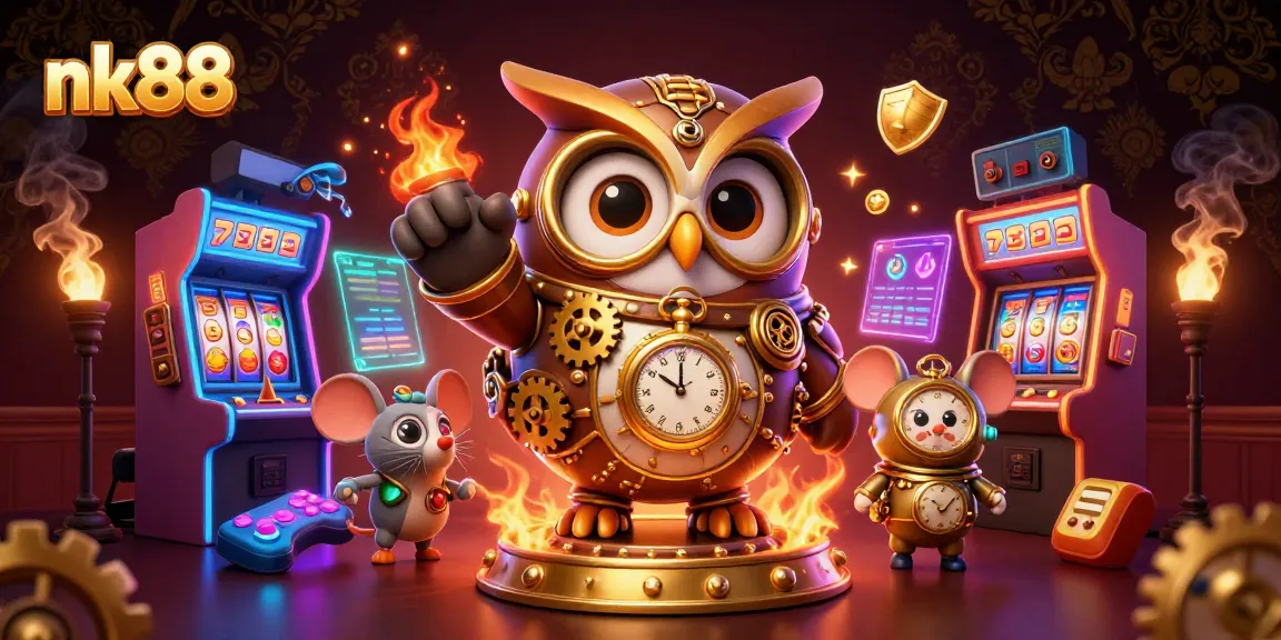 Engage in excitement with nk88's casino adventure, featuring an owl and colorful slot machines.