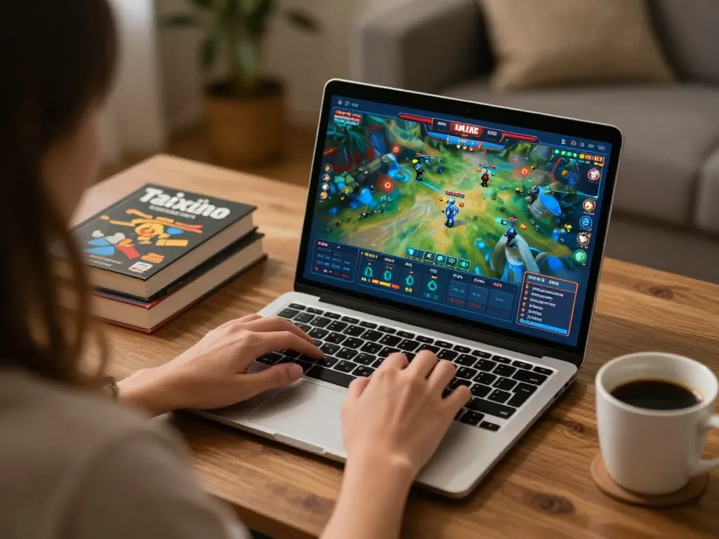 Engaging in taixiuonline, a player uses a laptop at home for online gambling with strategic notes beside them.