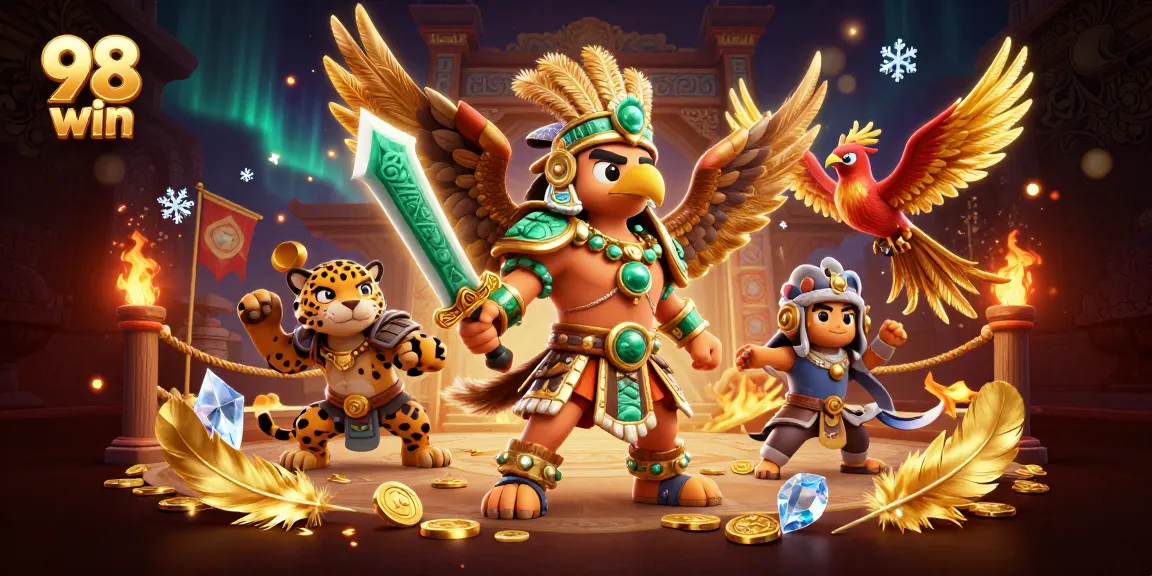 Engage in thrilling gameplay at 98 win with our dynamic Aztec-inspired casino illustration.