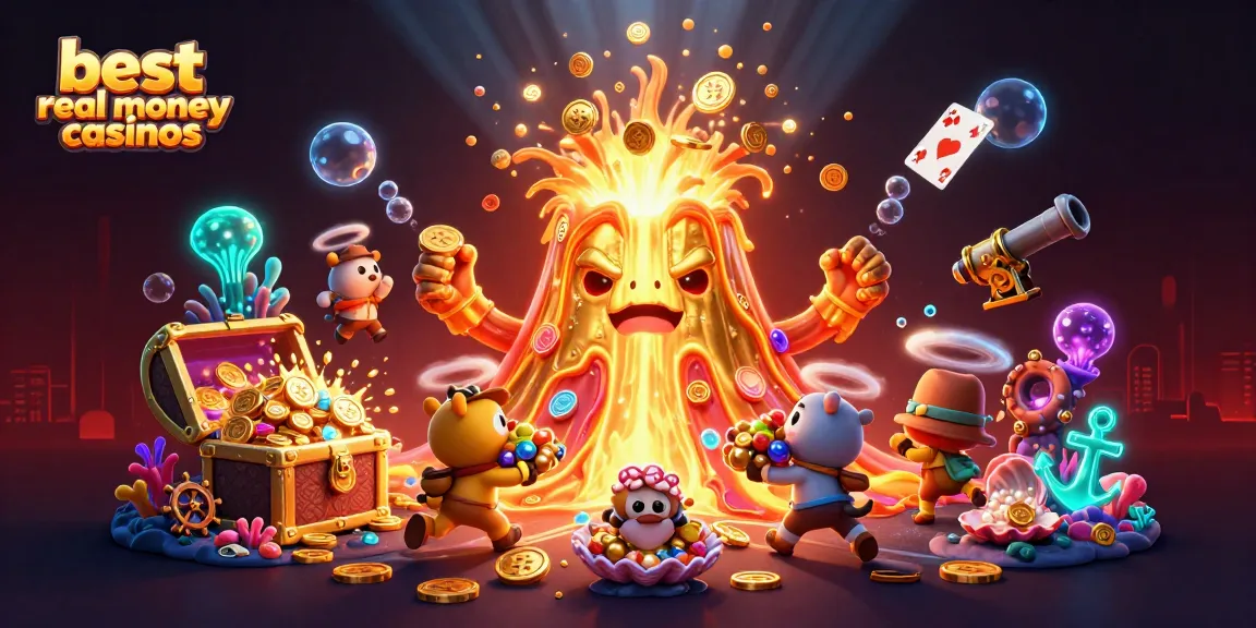 Experience exciting wins at the best real money casinos with this vibrant 3D casino scene.