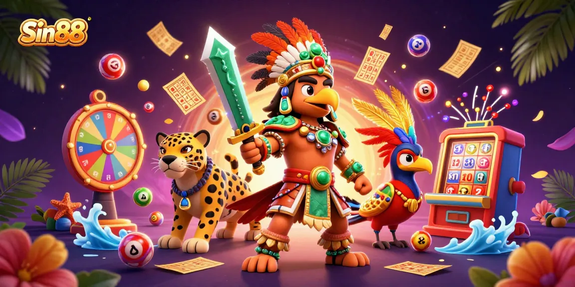 Sin88 engages players with vibrant lottery balls and dynamic scenes of excitement in this colorful casino illustration.