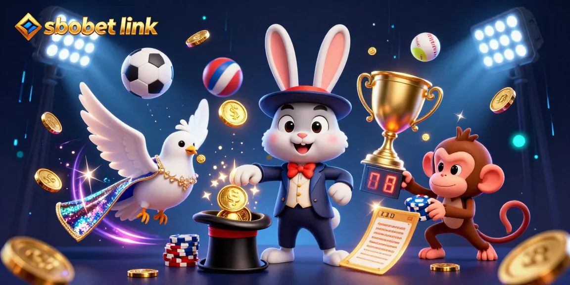 Engage in the sbobet link sports betting experience with a dynamic 3D illustration of a magician rabbit, dove, and monkey with vibrant game elements.