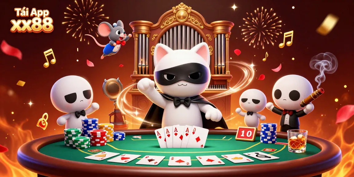 Engage in games with excitement at Tải App xx88 featuring casino characters at a poker table.