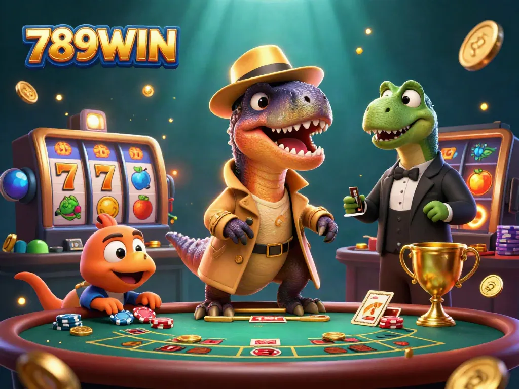 Experience 789WIN's thrilling casino environment with a velociraptor card counter, slot reels, and dynamic casino elements.