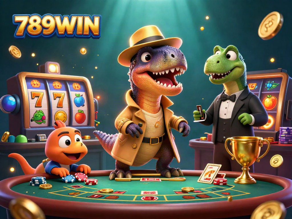 Experience 789WIN's thrilling casino environment with a velociraptor card counter, slot reels, and dynamic casino elements.