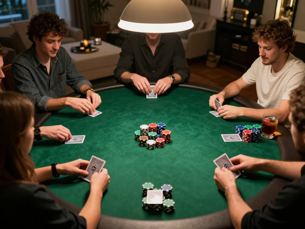 Players engaged in a competitive poker game showcasing TR88 VIP strategies with colorful chips and focused expressions