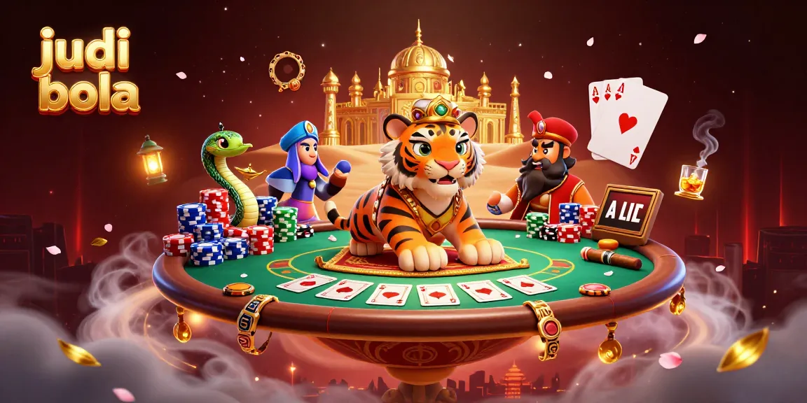 Bettors explore judi bola possibilities with a vibrant casino scene featuring poker elements.