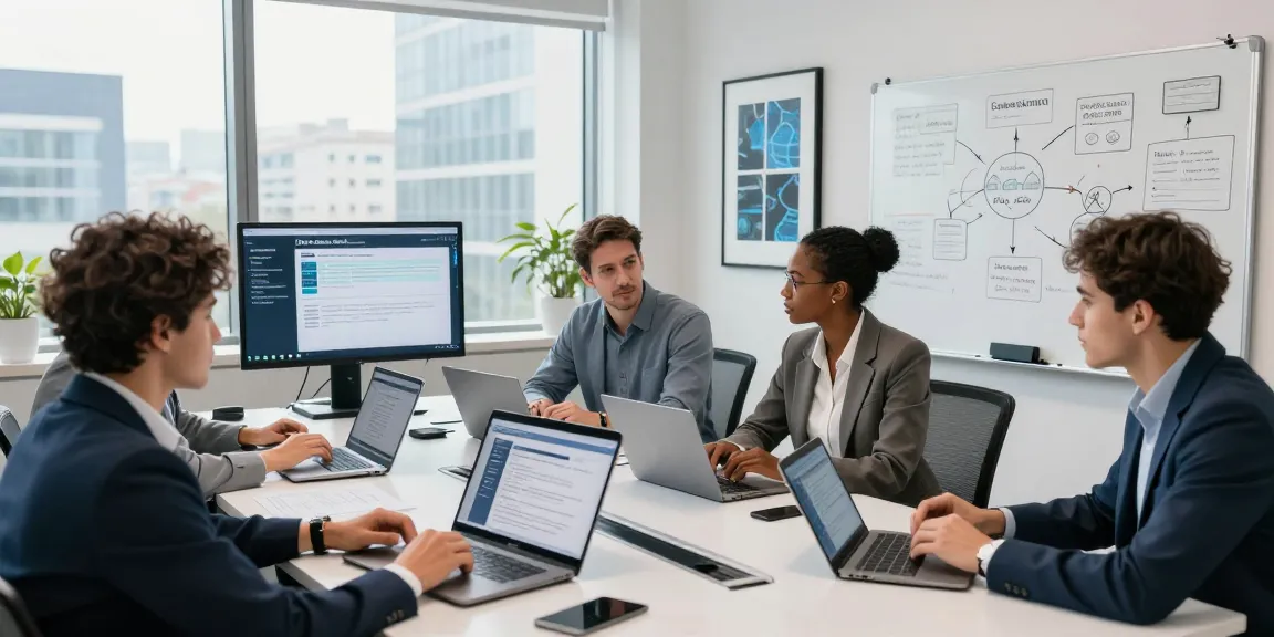 Team discussing cyber essentials vs iso 27001 certification strategies in a modern office environment
