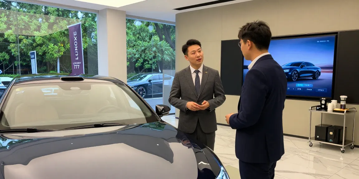 Interior showroom LUXURY 777 dengan mobil mewah dan staf yang membantu pelanggan.