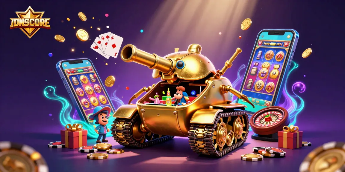 Experience the excitement of IDNSCORE, a vibrant casino scene inside a golden beetle tank.