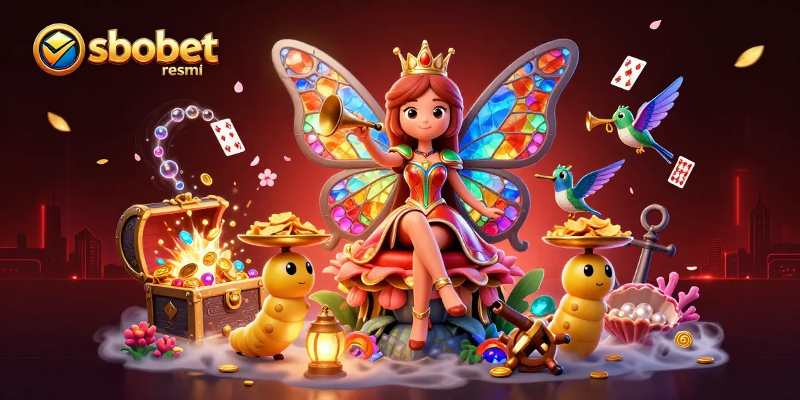 Savor exciting moments with sbobet resmi in this vibrant 3D scene of a butterfly queen surrounded by casino elements.