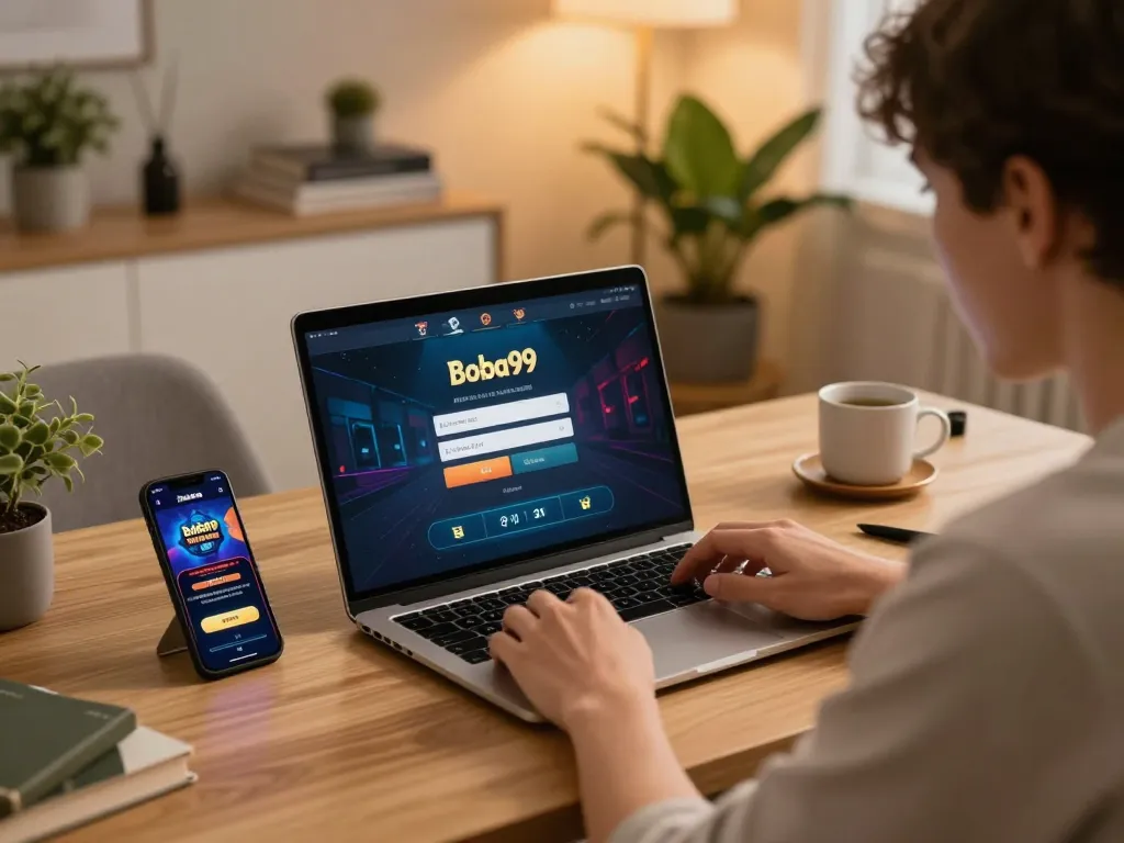 Layar login Boba99 ditampilkan di laptop saat pengguna menikmati pengalaman bermain game online di rumah.
