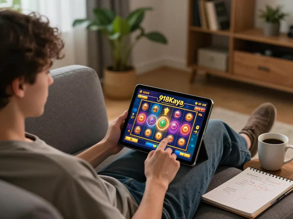 Engaging in 918Kaya online gaming while managing login and registration on a tablet in a cozy home setting.