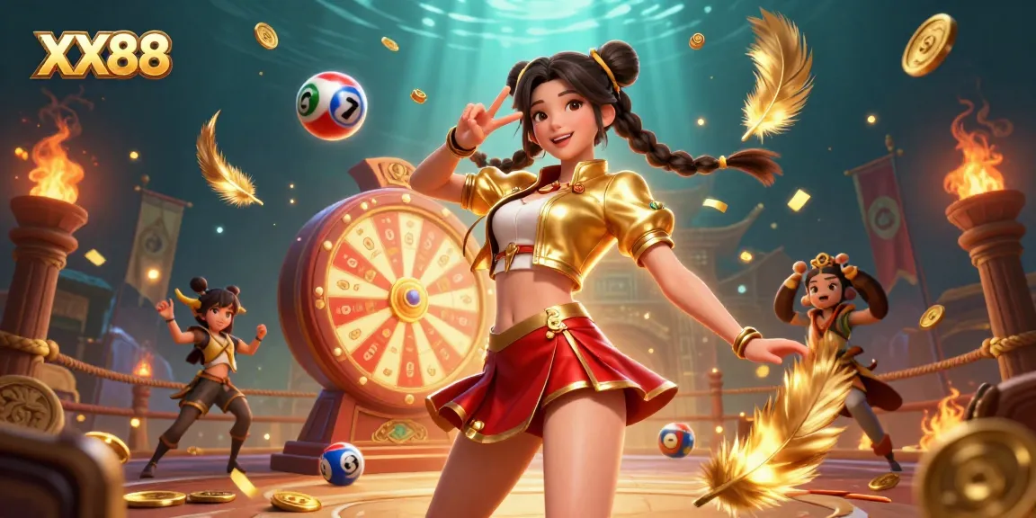 Experience the excitement of XX88 with a vibrant casino scene featuring colorful lottery balls and a spinning prize wheel.