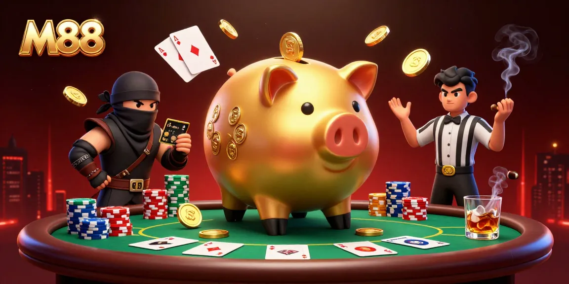 M88 casino scene featuring a golden piggy bank sumo wrestler, a wallet-ninja, and a credit-card samurai referee at a dynamic poker table.