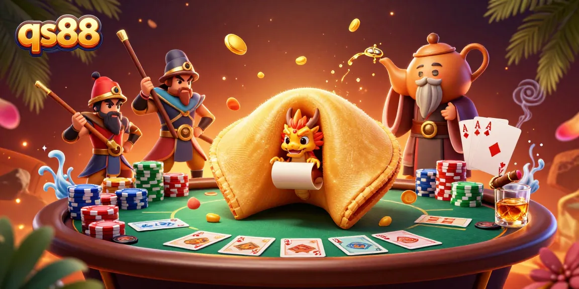 Engage with exciting games at qs88, witnessing a vibrant casino scene with golden fortune symbols and poker elements.