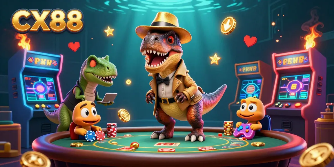 Play games at CX88 casino, featuring a velociraptor card counter, a stegosaurus pit boss, and a sneaky compy.