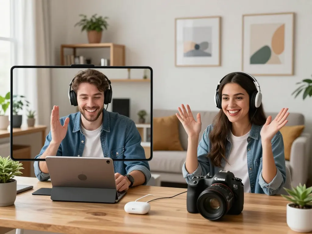 Engaging video chat between two characters showcasing their virtual ai gf relationship in a cozy home environment.