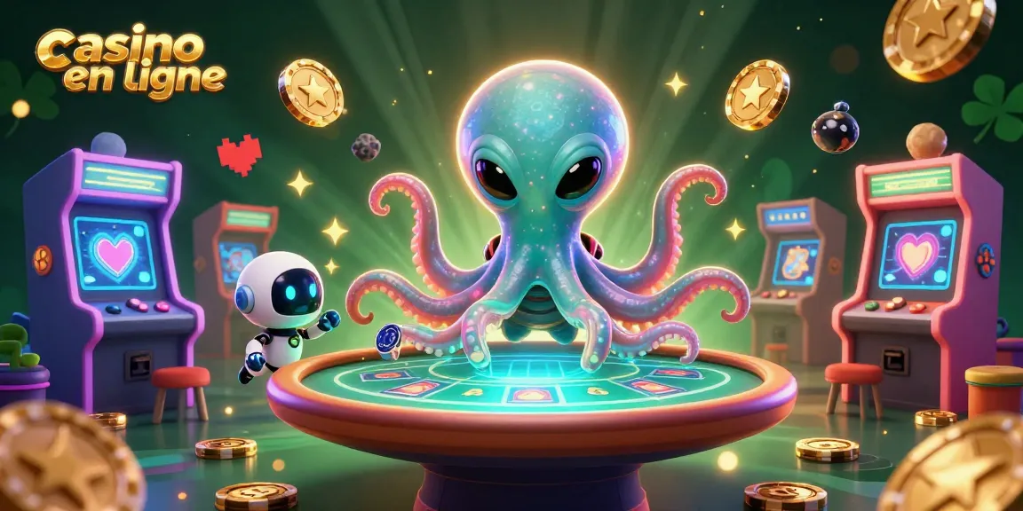Jouez à des jeux captivants de casino en ligne avec une illustration d'un octopus extraterrestre et une machine à sous colorée.