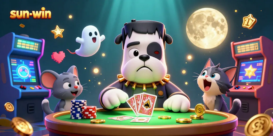 Experience the thrill of sun-win gaming with engaging cartoon characters at a vibrant casino table.