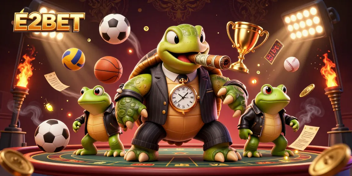 E2BET offers thrilling betting experiences with a vibrant casino scene featuring unique characters and dynamic game elements.