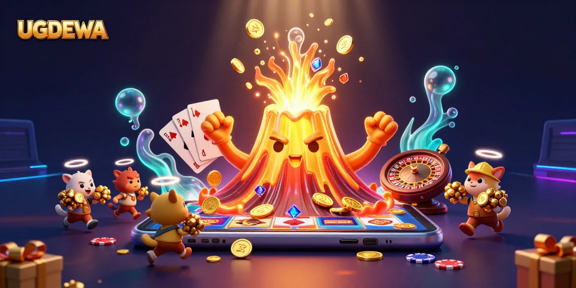 UGDEWA showcases a dynamic 3D illustration merging casino thrill with golden treasures erupting.