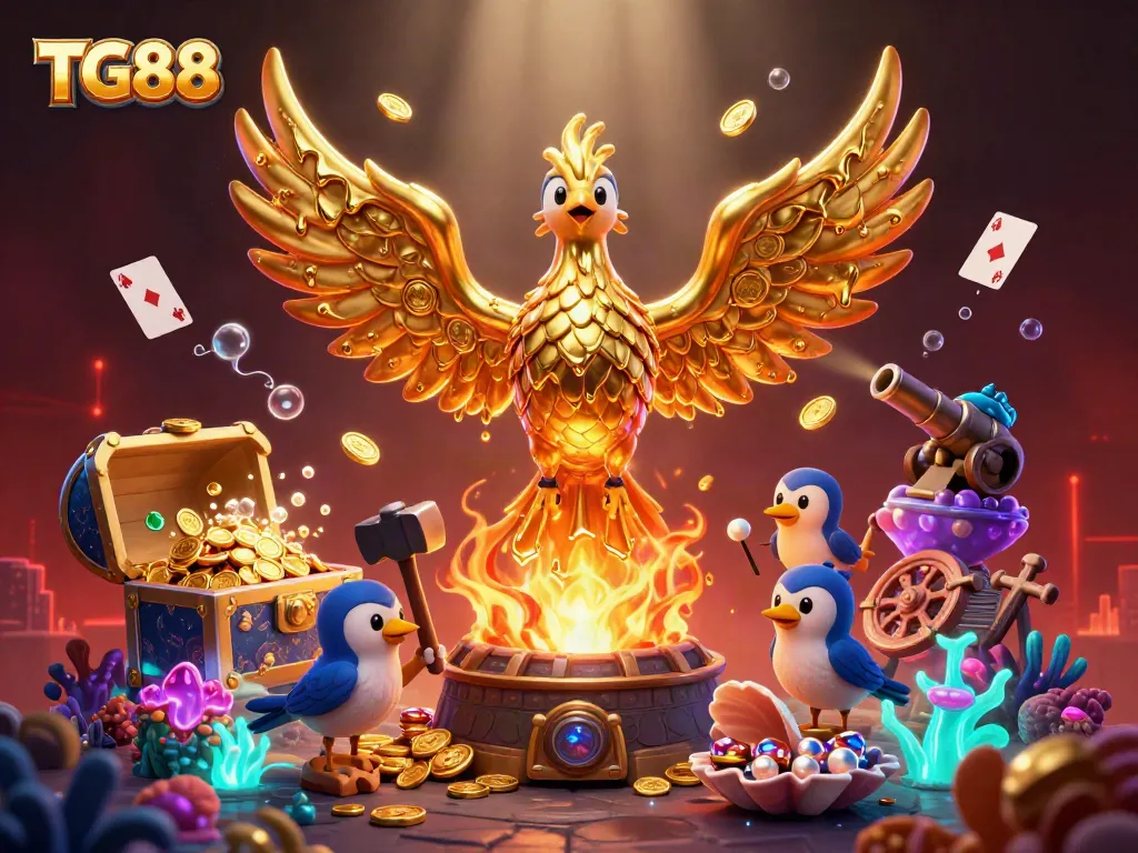 Experience thrilling gameplay at TG88 with a golden phoenix emerging from a molten forge, surrounded by vibrant treasures.