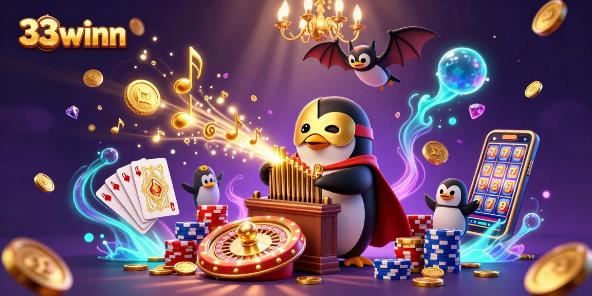 Experience the thrill of 33winn with a cartoon penguin organist, golden coins, and sparkling gems.