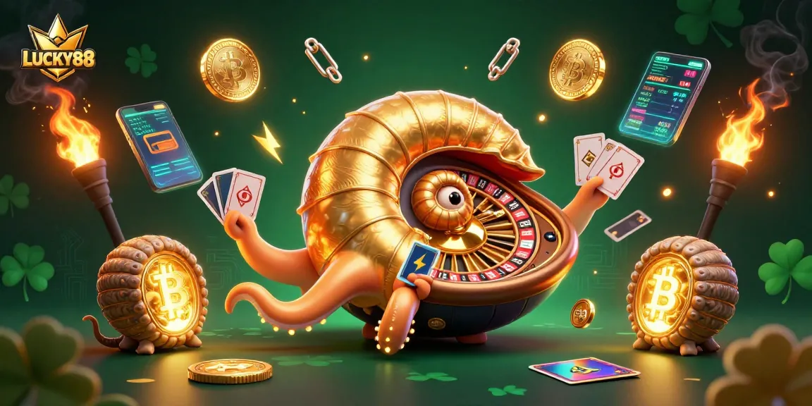 LUCKY88 showcases enticing casino action with a giant nautilus roulette and glowing cryptocurrencies.