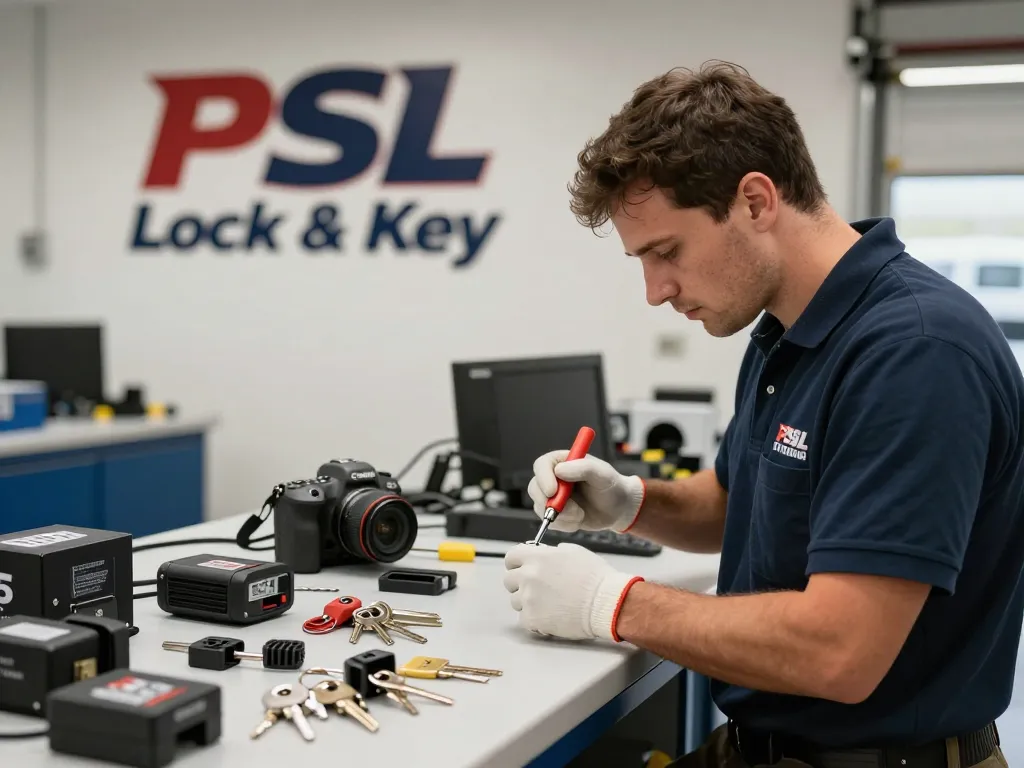 PSL Lock and Key professional locksmith fixing car locks in Port Saint Lucie, showcasing expertise and tools.