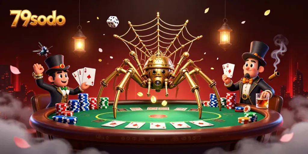 Experience thrilling moments with 79sodo, featuring a steampunk spider and poker elements.