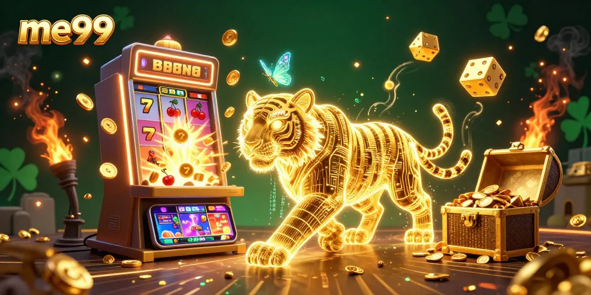 Engage in the vibrant world of me99 as a neon-wireframe golden tiger navigates a dynamic casino filled with jackpots and excitement.