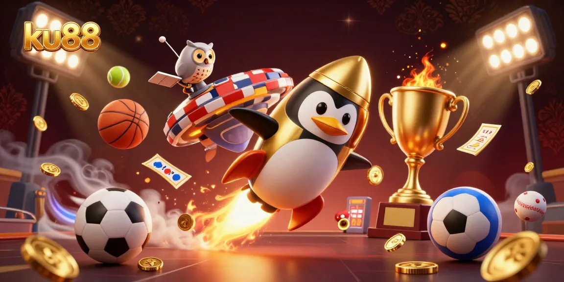 Engage with ku88’s vibrant space-themed illustration featuring a golden penguin and dynamic sports elements.