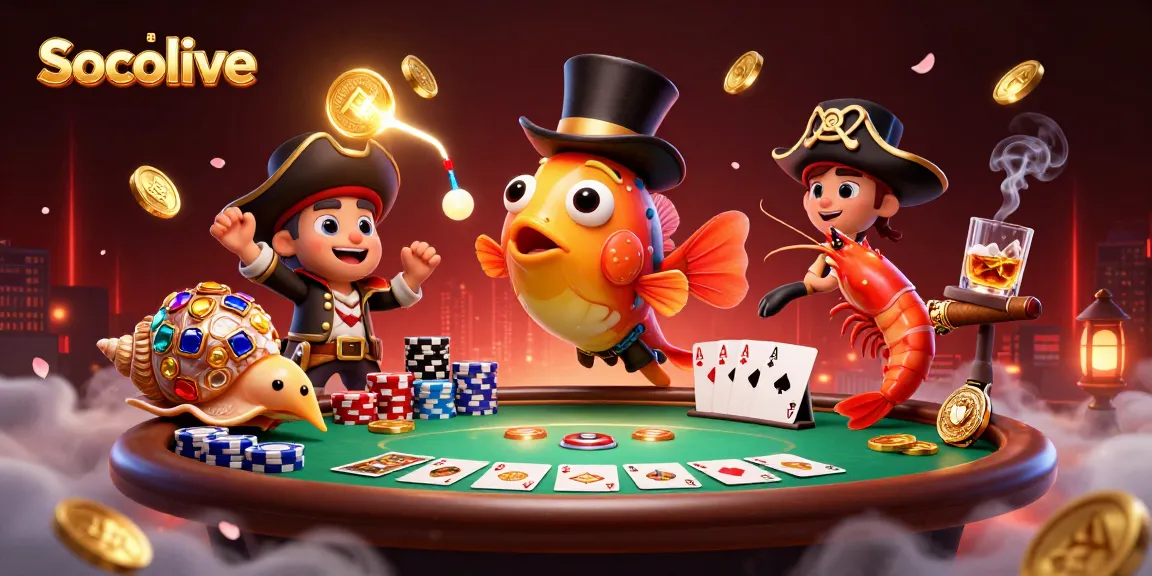 Experience Socolive's thrilling atmosphere with poker elements and animated characters in a vibrant, engaging illustration.
