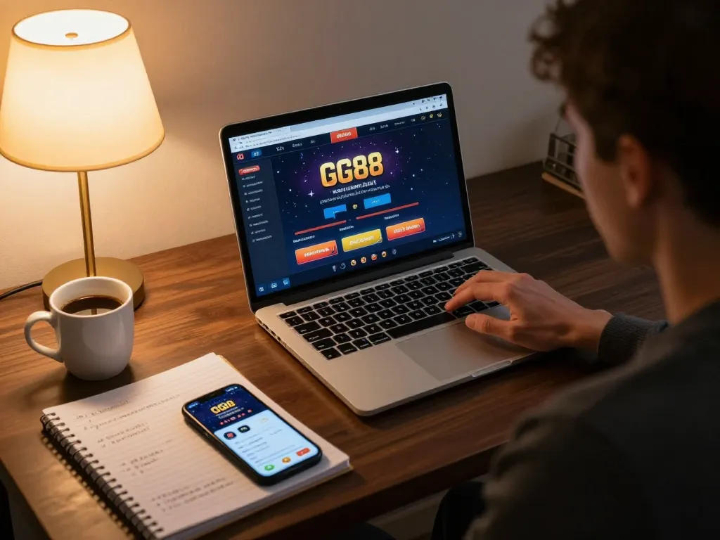 Engaging gameplay on GG88 interface, cozy home setup showcasing a stylish online gambling experience.