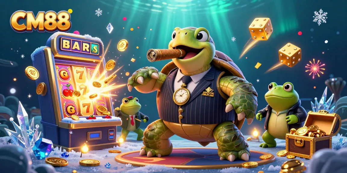Experience CM88 with vibrant casino action featuring a turtle mobster and bullfrog enforcers amidst jackpot excitement.