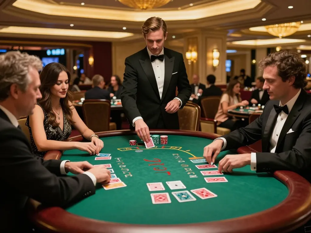 Engaged players at a keonhacai blackjack table in a luxurious casino setting.