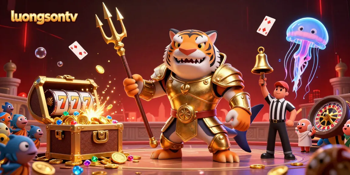Experience live betting excitement with luongsontv's vibrant underwater casino scene featuring a shark in armor.