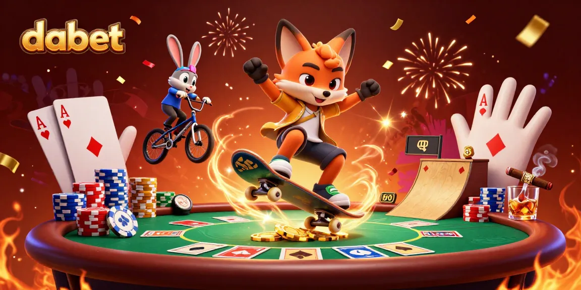 dabet showcases 3D skateboarder fox kicking over poker chips with vibrant casino elements.