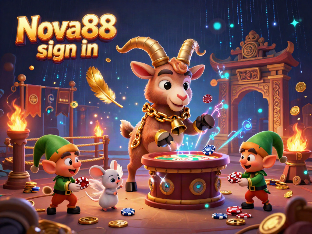 Experience the thrill of Nova88 sign in with this vibrant 3D casino scene showcasing festive chaos.