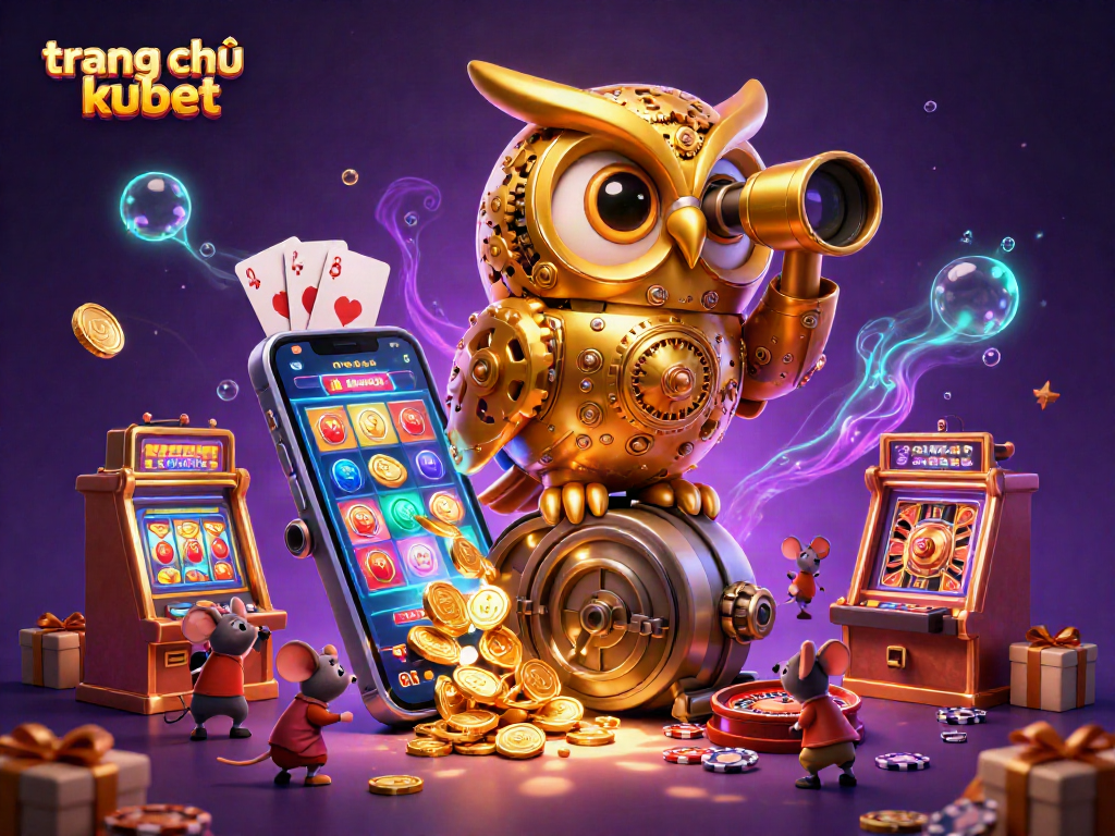 Engage with the lively gaming atmosphere on trang chủ kubet, featuring a clockwork owl and vibrant casino elements.