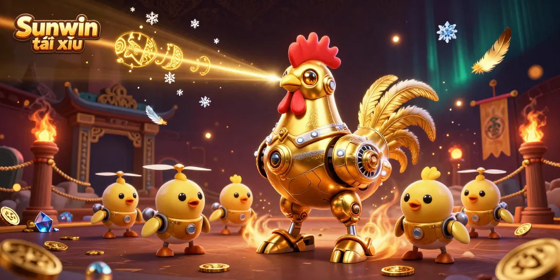 Engage in thrilling Sunwin tài xỉu gameplay with a vibrant futuristic scene featuring golden robots and rich casino elements.