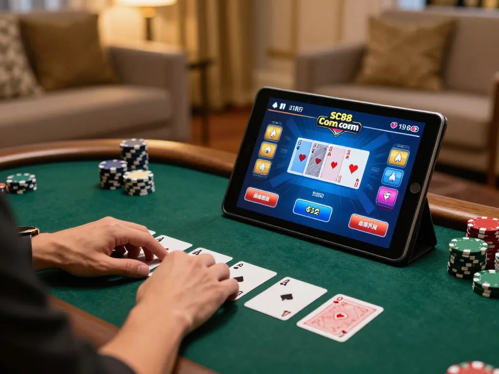 Player enjoying live poker on SC88 Com in a cozy home setting, showcasing online gaming excitement
